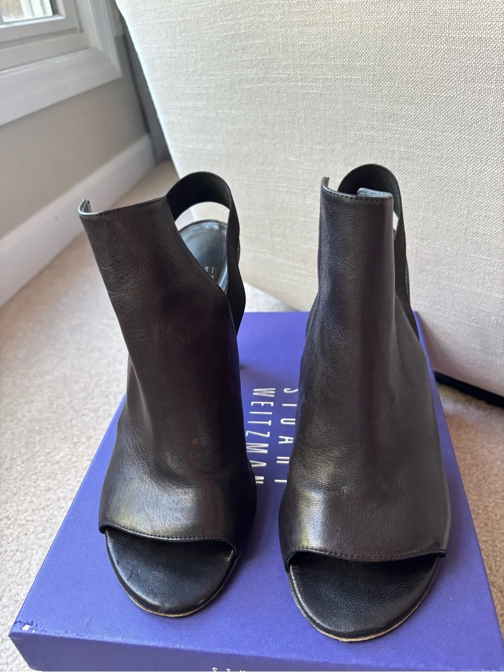 Stuart Weitzman Fronton Black Open-Toe Slingback High Heels